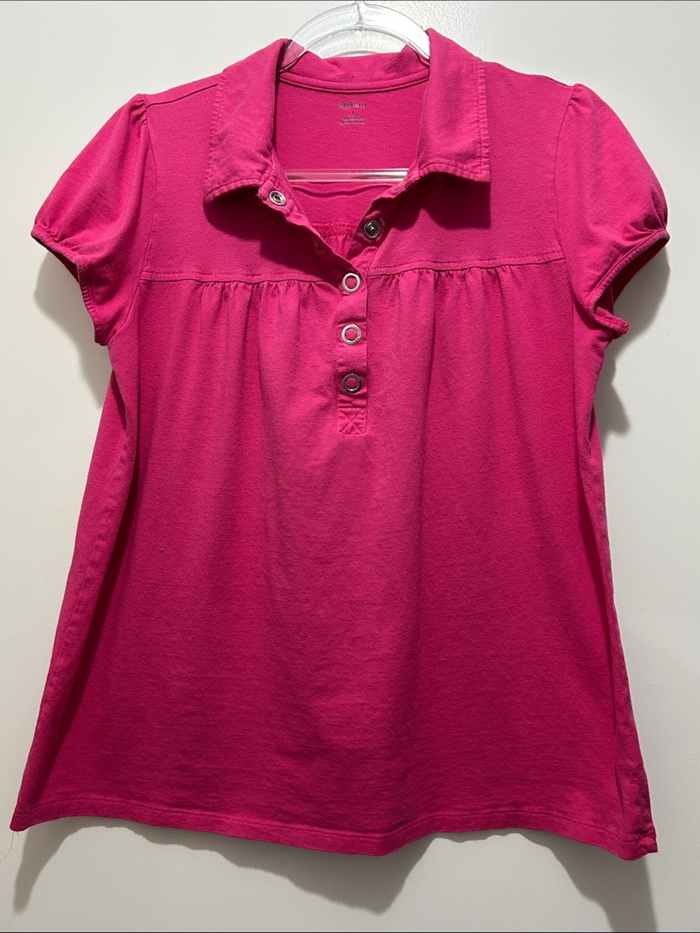 Bright Pink Cotton Blend Short Sleeve Button L Casual Everyday Wear